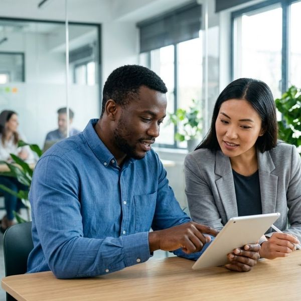 pair of business professionals collaboratively analyze data on a tablet