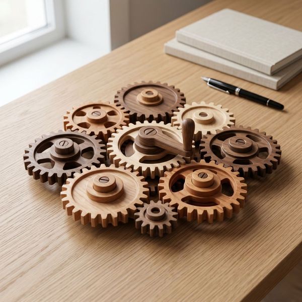 Interlocking wooden gears representing the creation of efficient systems in a leadership environment.