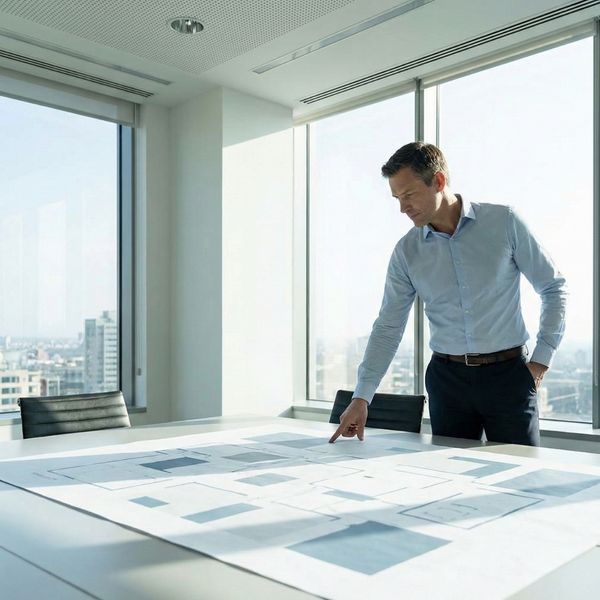 A leader looking at a large, abstract blueprint