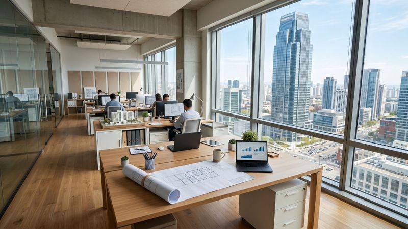 Modern architectural office representing strategic leadership and the design of a successful business future.