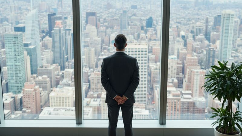 businessman looking out the window over the city