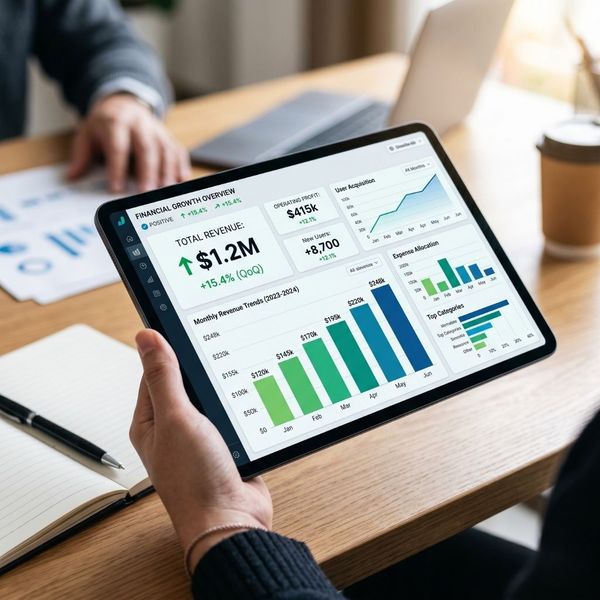 A clear financial dashboard showing organized business data and growth trends.