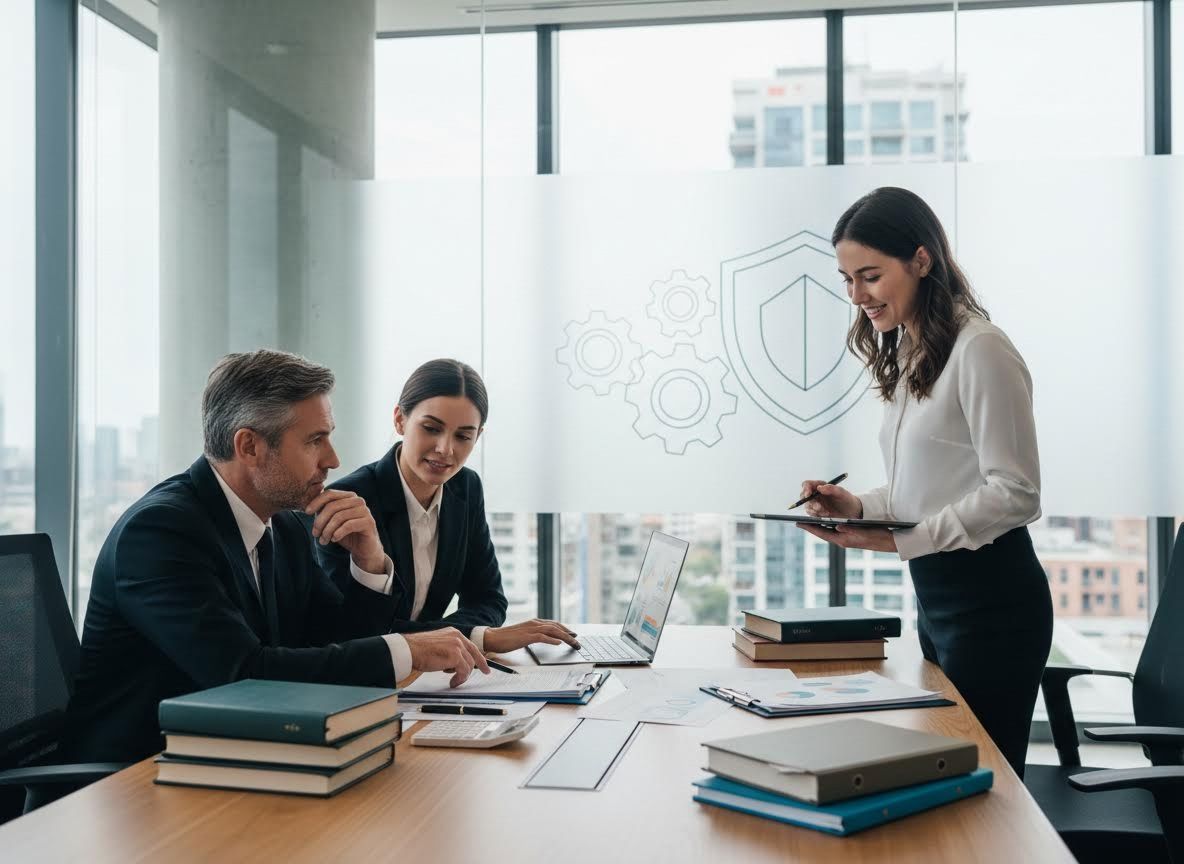 Business Professionals Discussing Data Security in a Modern Office