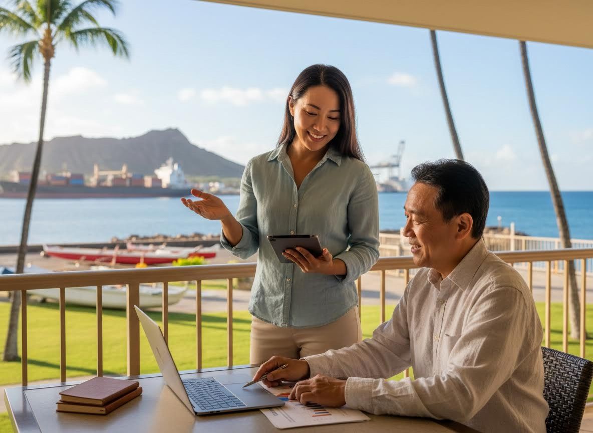 Two Business Professionals Collaborating on a Scenic Balcony