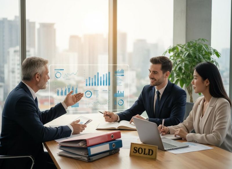 Three business professionals, including two men and one woman, review a holographic display of financial data, charts, and graphs in a modern office setting. A 'SOLD' sign is visible on the table. Business Professionals Analyzing Holographic Data