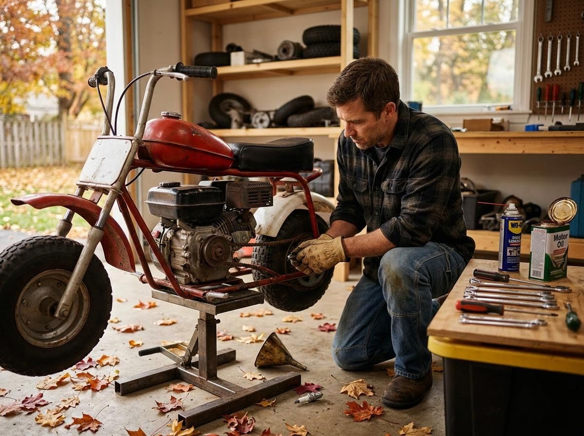 Man repairing a red mini bike in his garage