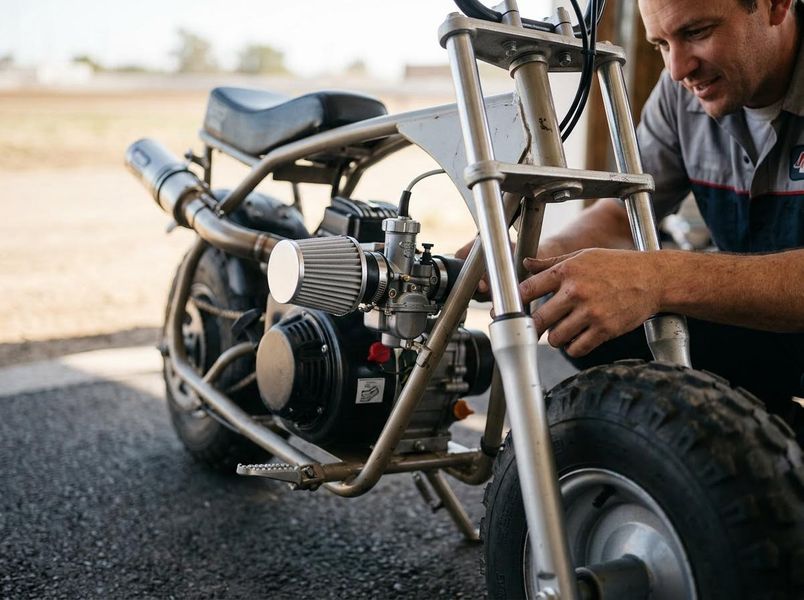 A man in a blue and gray work shirt is bent over a silver minibike, adjusting components near the engine and front wheel. Man working on a minibike engine