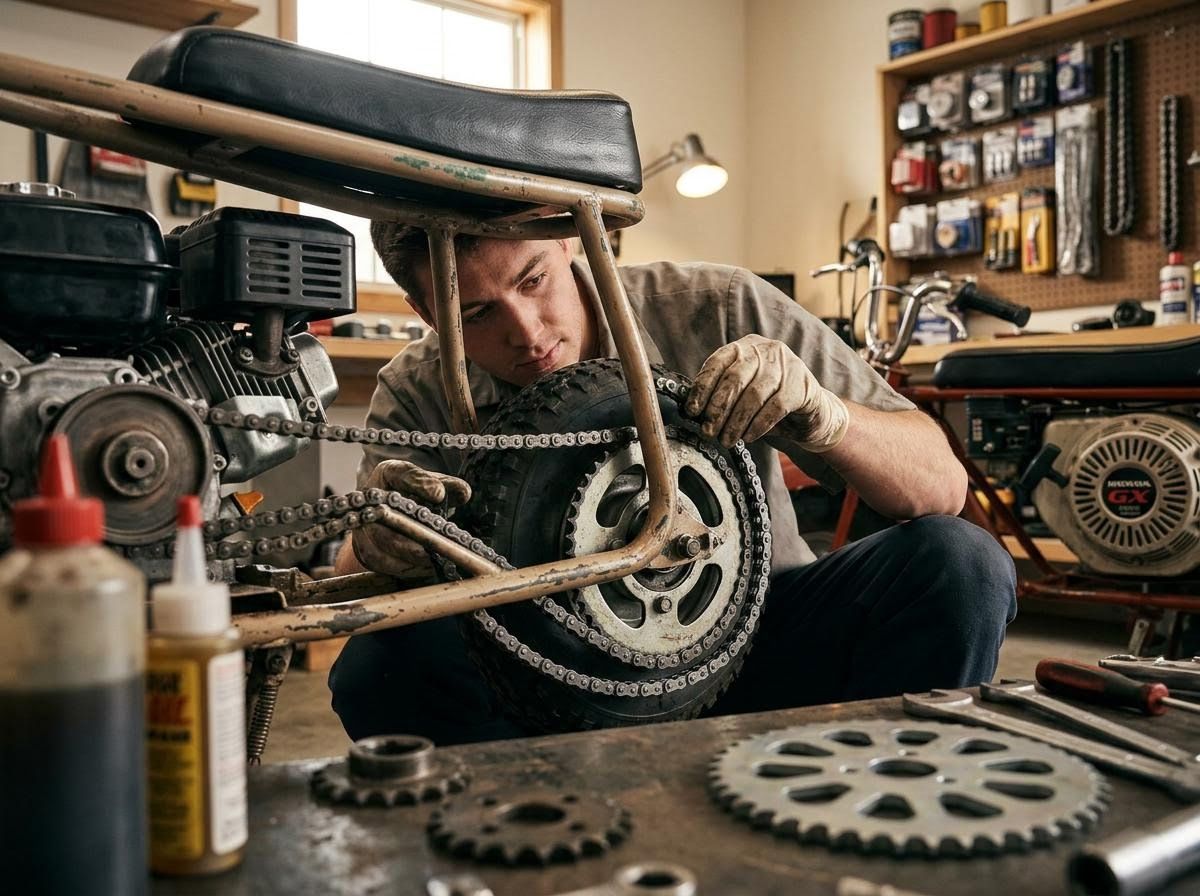 Man working on mini bike chain in a workshop