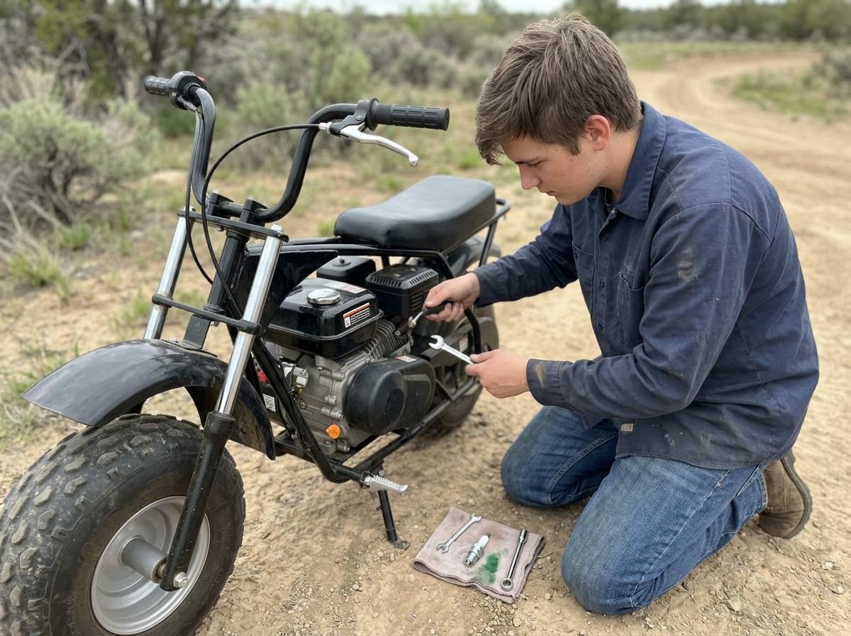 Young man repairing a mini bike engine