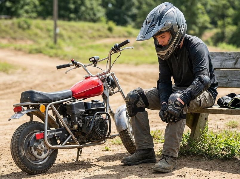 A mini-bike rider in a helmet and protective gear sits on a wooden bench, looking down, with a red mini-motorcycle next to them on a dirt path. Mini-bike rider taking a break