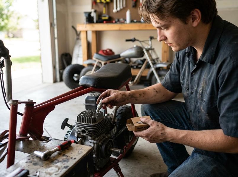 A man with dirty hands kneels, installing a new spark plug into a red mini-bike engine in a garage with tools and another bike. Man Replacing Spark Plug on Mini-Bike Engine