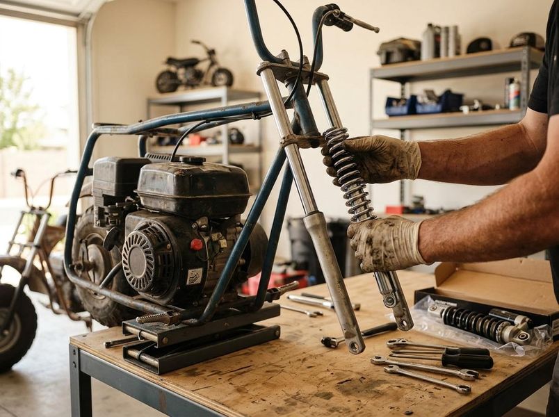 Close-up of a person wearing gloves, replacing a shock absorber on a small minibike engine. Tools are on the workbench. Mechanic repairing a minibike's shock absorber in a garage