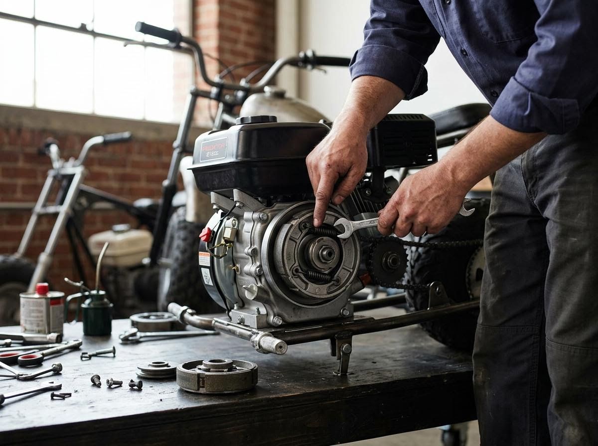 Man repairing small engine on a workbench