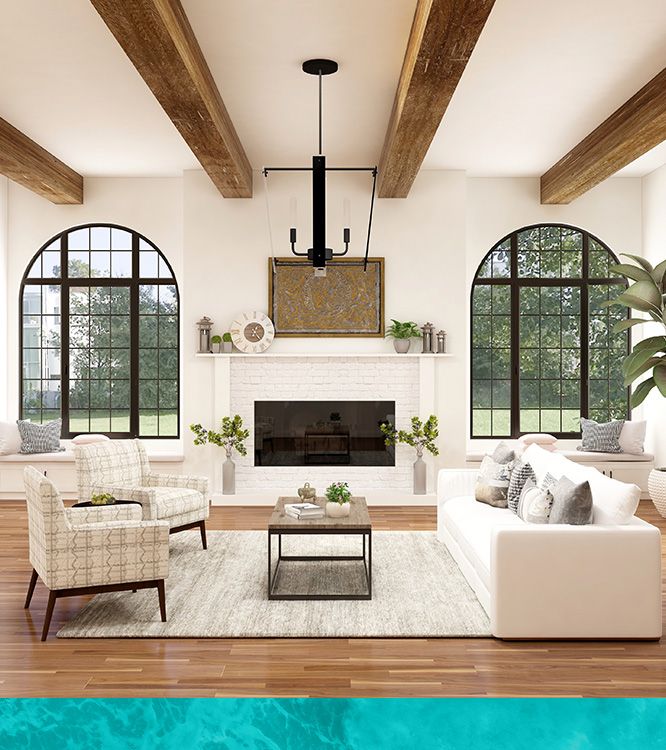 a beautiful living room with arched windows