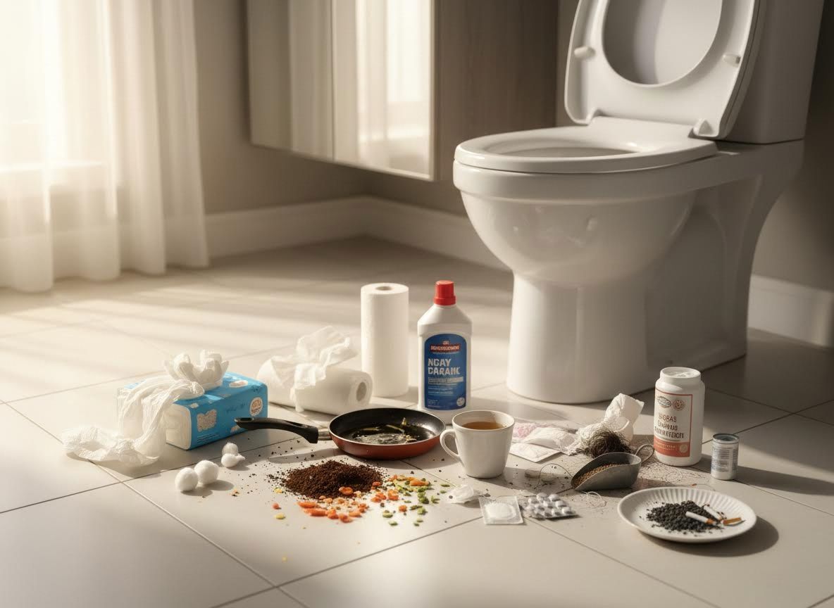 Cluttered bathroom floor with spilled items and toilet