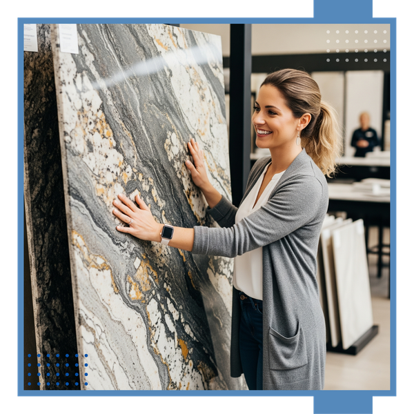 A satisfied homeowner is smiling as she touches the surface of a large, beautiful stone slab in a showroom, having made her final selection for her home remodeling project.