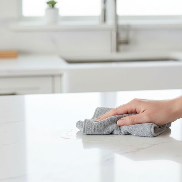 A close-up of a hand gently wiping a shiny, white countertop with a gray microfiber cloth, emphasizing daily cleaning.