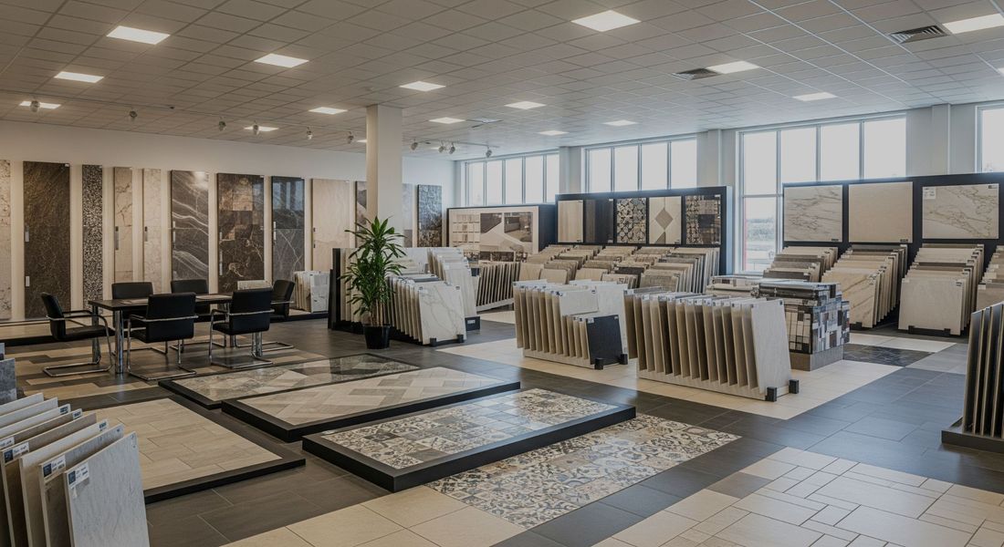 A bright and modern showroom displays a wide variety of stone and tile samples.