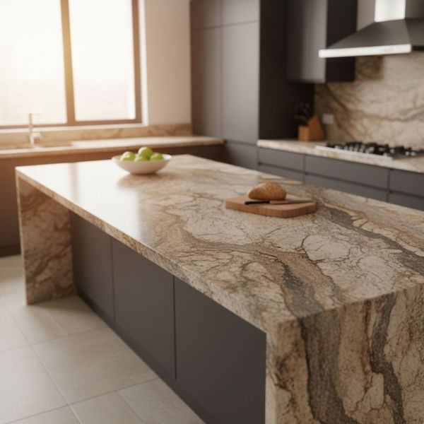 A sleek, contemporary kitchen featuring a waterfall island with a dramatic brown and beige veined granite or quartzite countertop. The surrounding cabinetry is dark gray/black.