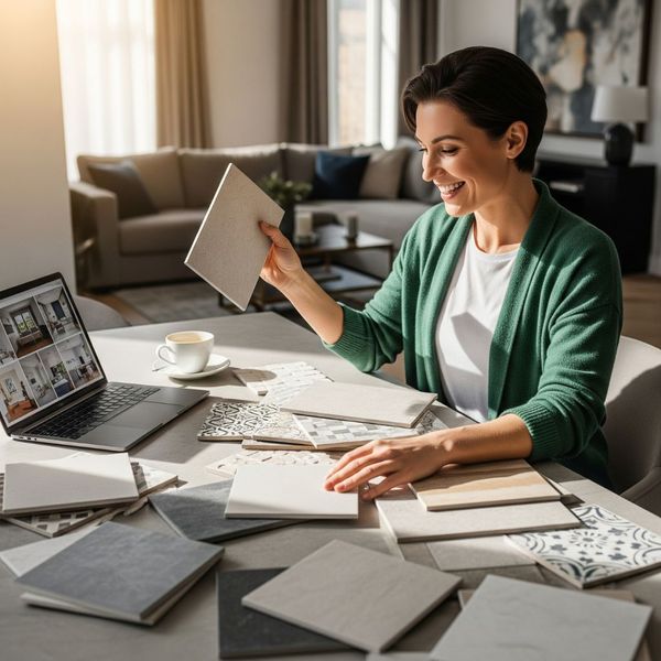 A smiling homeowner examines different tile samples for her home project.