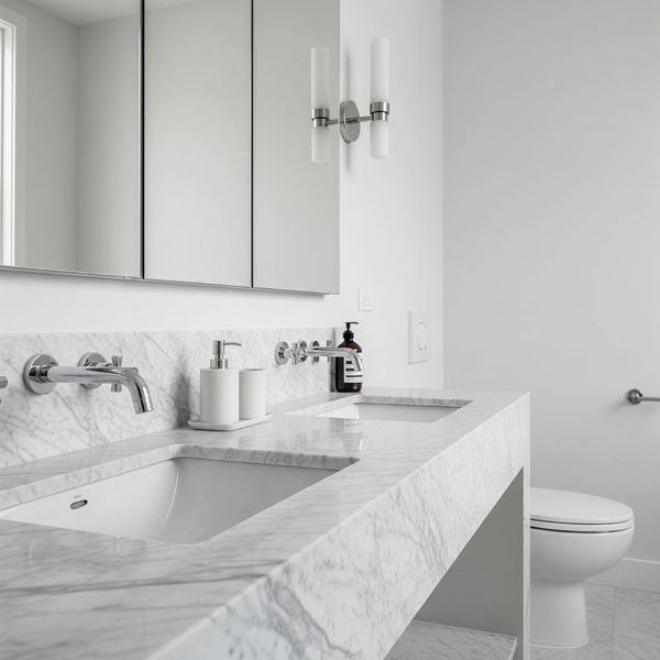 Luxurious bathroom with a sleek marble countertop and modern fixtures. Luxurious bathroom with a sleek marble countertop and modern fixtures.