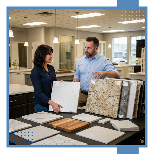 homeowner discussing countertop options with a designer in a showroom