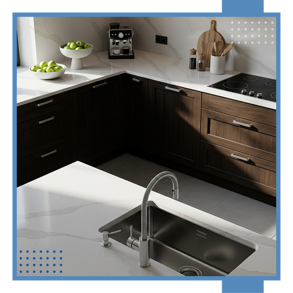 Neat, clean kitchen with quartz counters