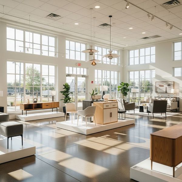A well-lit showroom with high ceilings creates a welcoming and modern atmosphere.