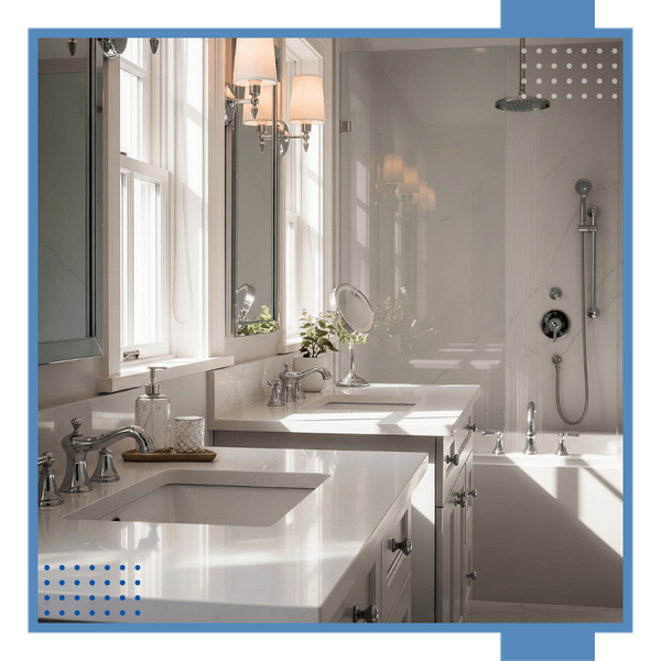 A tranquil, spa-like bathroom with clean white quartz countertops, a large walk-in shower, and minimalist decor conveying luxury. A tranquil, spa-like bathroom with clean white quartz countertops, a large walk-in shower, and minimalist decor conveying luxury.