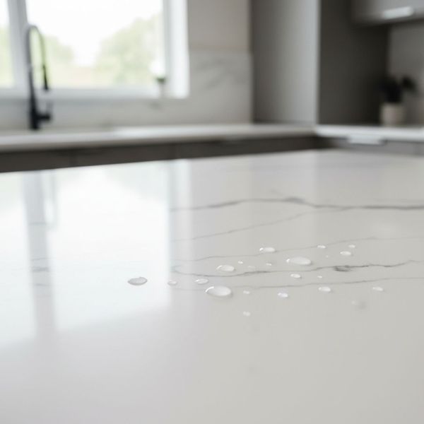 A close-up view of a glossy white countertop with subtle gray veining (likely marble or quartz), showing small water droplets beaded up on the surface, indicating the material's water resistance or seal. A black faucet and a kitchen window are visible in t