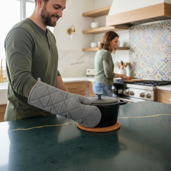 A man in a kitchen, wearing a gray oven mitt and using a cork trivet to place a hot black pot onto a dark green countertop with gold veining.