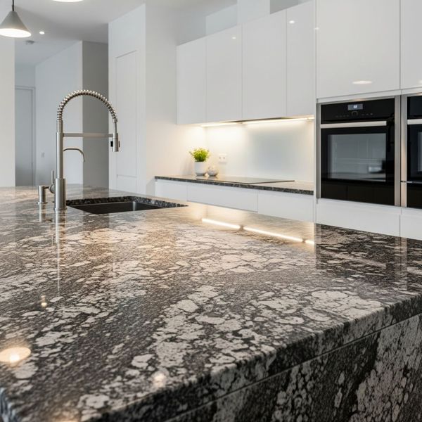 Polished granite countertop in a modern kitchen with stainless steel appliances. Polished granite countertop in a modern kitchen with stainless steel appliances.