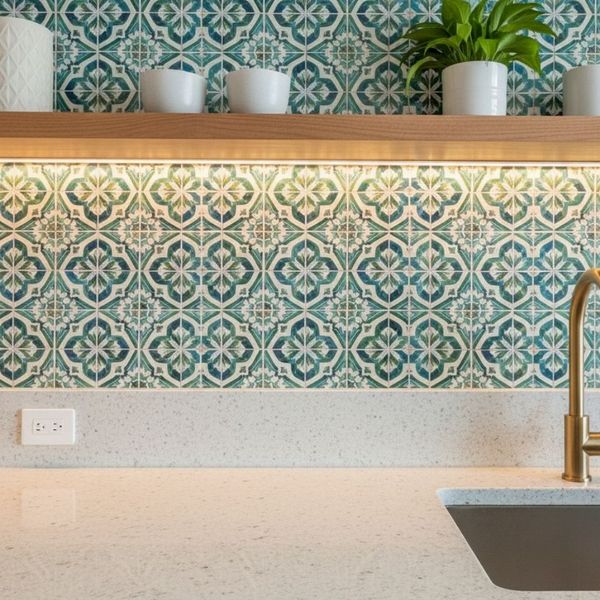 A white, consistent countertop complementing a vibrant green and white patterned tile backsplash and a golden faucet, showcasing a harmonious design.