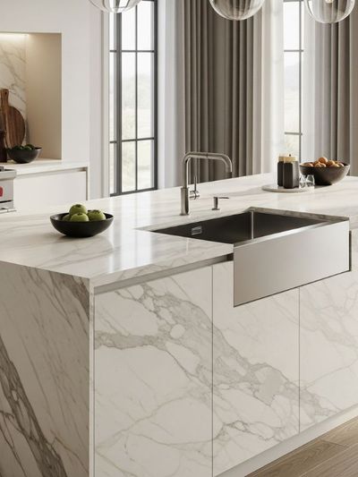 a white marble slab, showcasing the intricate and elegant grey veining across its polished surface