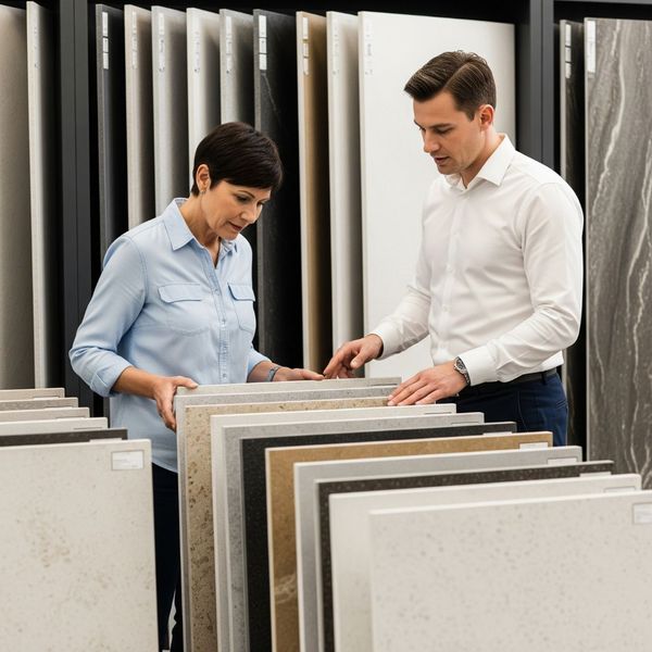 Homeowner selecting stone slabs in a bright showroom with an expert's assistance. Homeowner selecting stone slabs in a bright showroom with an expert's assistance.