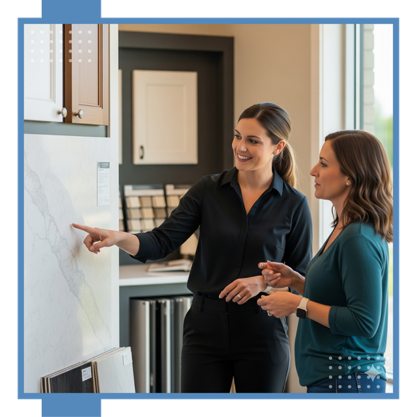 An NSG Design consultant providing expert guidance to a homeowner in the stone showroom in Spring, TX. An NSG Design consultant providing expert guidance to a homeowner in the stone showroom in Spring, TX.