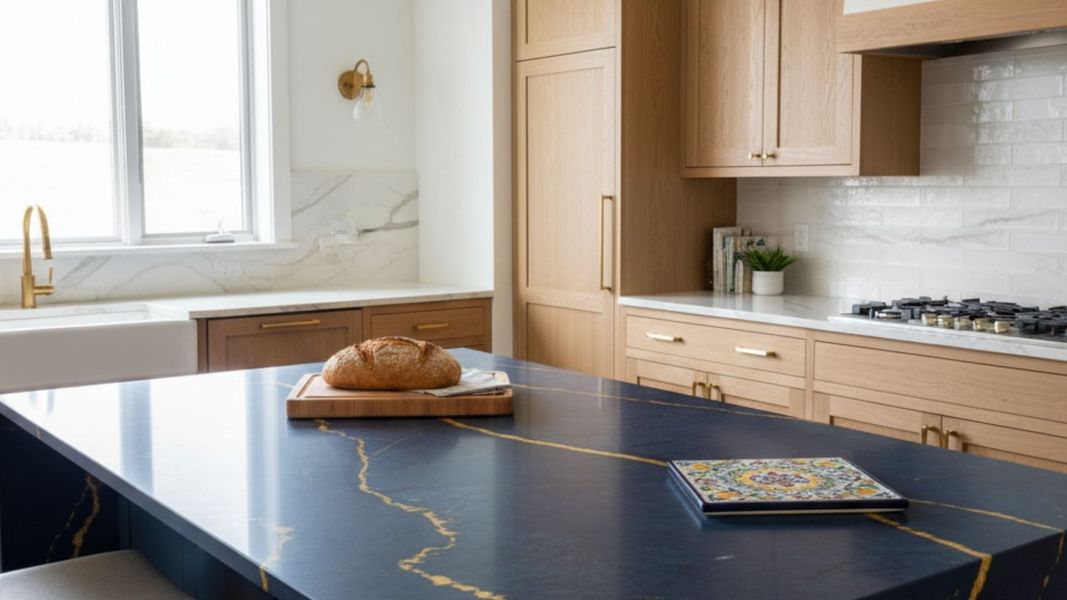 A modern kitchen featuring an island with a striking dark blue quartz countertop accented with gold veining, contrasted against natural wood cabinetry and white quartz or marble countertops along the back wall.