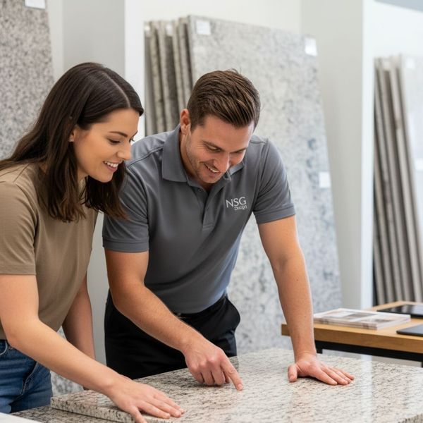 A design consultant (wearing a gray polo with an 'NSG Design' logo) is showing a smiling female client a sample of speckled granite countertop in a showroom.