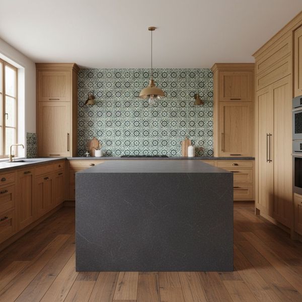A beautifully designed modern kitchen with a large dark gray island countertop, light wood cabinetry, and a striking patterned tile backsplash, all harmoniously colored.