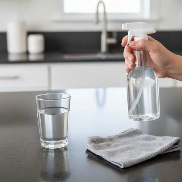 A close-up of a person holding a spray bottle over a dark countertop next to a glass of water and a gray cleaning cloth.
