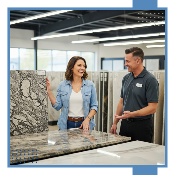 A satisfied homeowner finalizing her stone slab selection with the help of the NSG Design team.