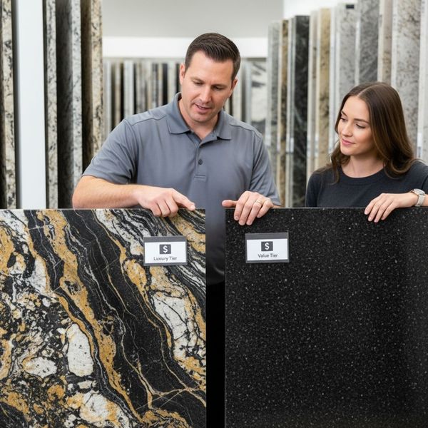 An NSG Design expert points to a "Luxury Tier" granite slab with dramatic veining next to a "Value Tier" consistent black granite, illustrating different price points to a client.