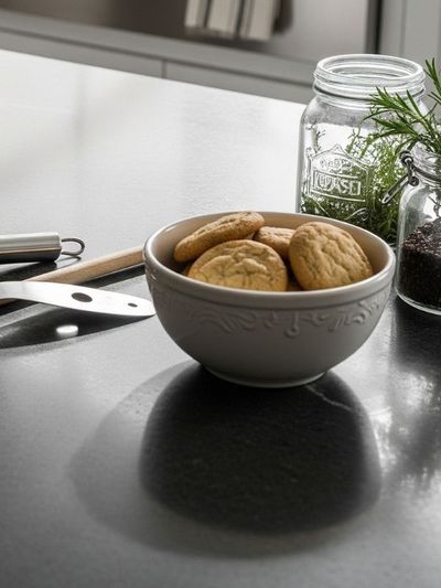 A beautiful, dark grey granite countertop in a well-lit kitchen, with a bowl of cookies and utensils on it, showcasing its durability.