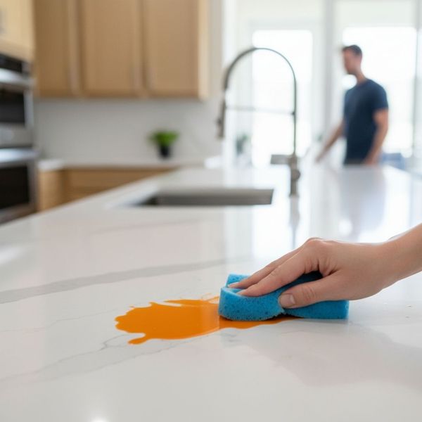 A close-up of a white, marble-look countertop being cleaned. A hand with a blue sponge is wiping up an orange spill.