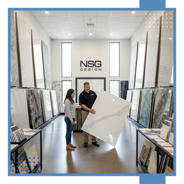 a woman looking at stone slabs in a showroom League City, TX (3).png