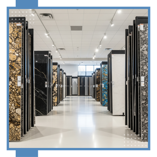 Bright, professional photograph of the interior of a large, modern stone slab showroom. Rows of massive, polished granite, marble, and quartz slabs are displayed vertically in racks. The space is clean, well-lit, and looks spacious and inviting, with no pe