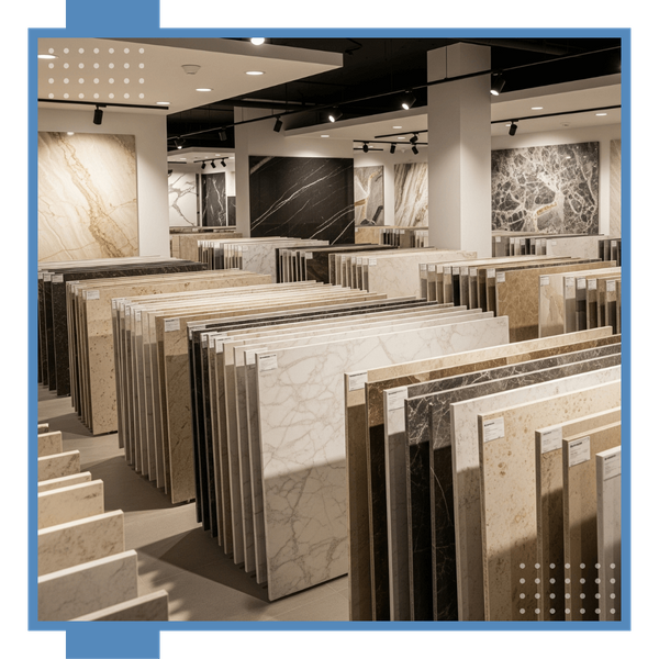 A variety of natural stone slabs, including quartzite and limestone, displayed vertically in a well-lit showroom. A variety of natural stone slabs, including quartzite and limestone, displayed vertically in a well-lit showroom.