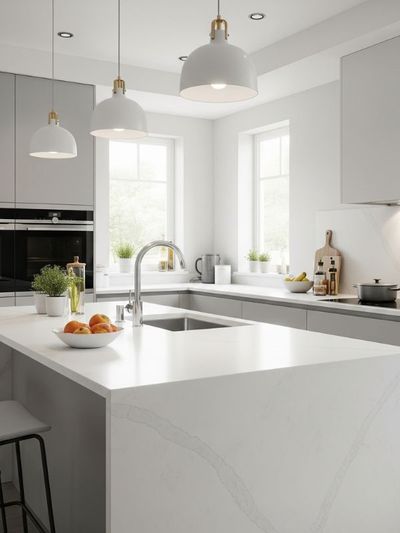 A sleek, white quartz countertop in a clean and modern kitchen with grey minimalist cabinets, highlighting its contemporary appeal.
