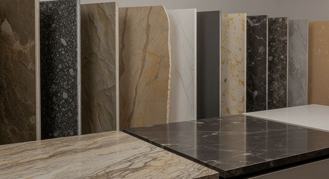 A variety of natural stone slabs for countertops, including granite, marble, and quartz, in a showroom setting.