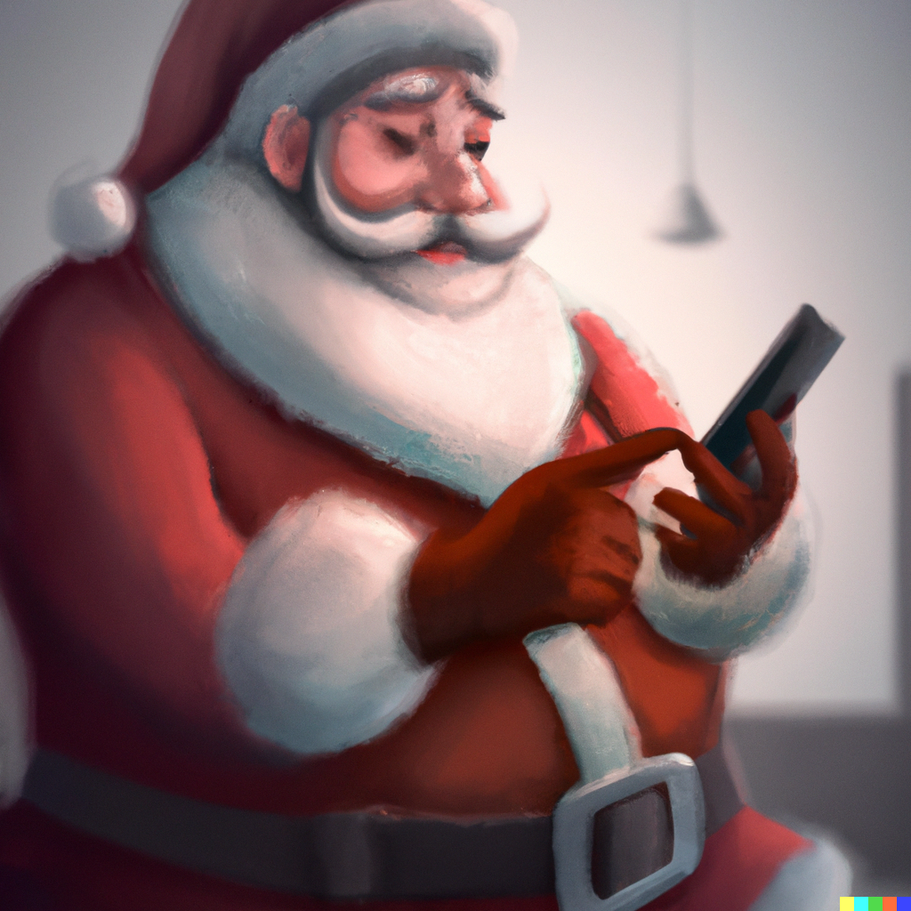 DALL·E 2022-12-12 21.44.58 - santa claus texting on his cellphone, photorealistic, happy, digital art.png